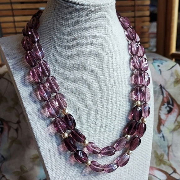 Very Long Faceted Glass Crystal? Stone Light Amethyst Necklace Black Seed Beads - Picture 6 of 7